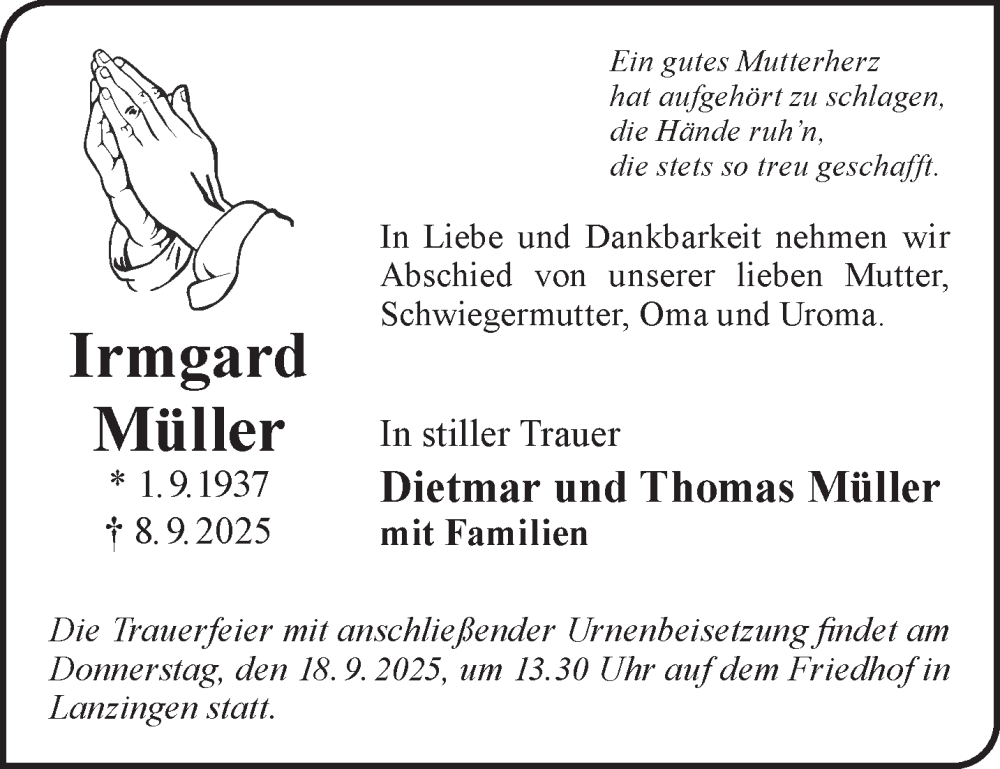  Traueranzeige für Irmgard Müller vom 13.09.2025 aus Mittelhessen-Bote