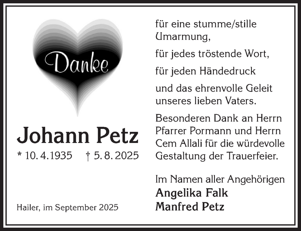  Traueranzeige für Johann Petz vom 27.09.2025 aus Gelnhäuser Neue Zeitung