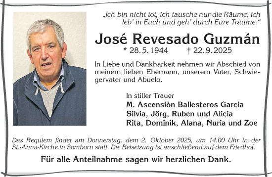 Traueranzeige von José Revesado Guzmán von Gelnhäuser Neue Zeitung