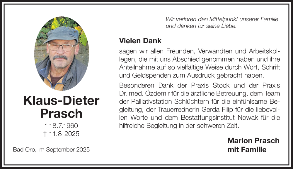  Traueranzeige für Klaus-Dieter Prasch vom 20.09.2025 aus Gelnhäuser Neue Zeitung