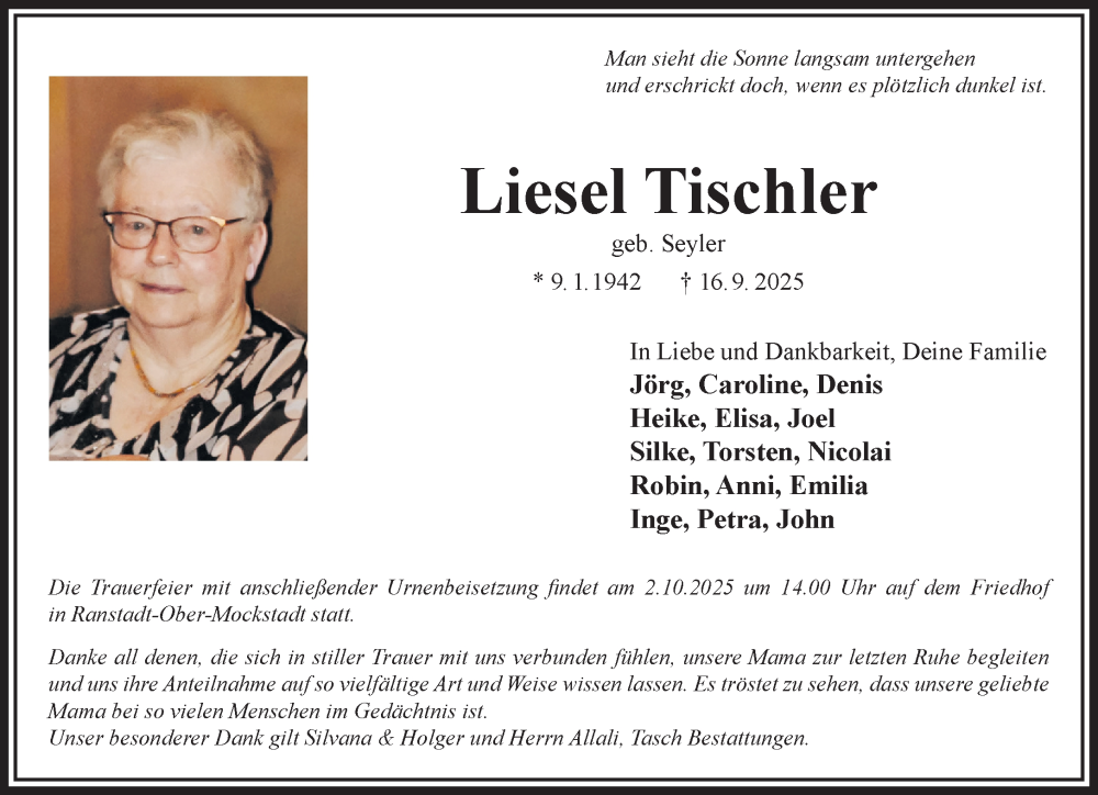  Traueranzeige für Liesel Tischler vom 27.09.2025 aus Gelnhäuser Neue Zeitung