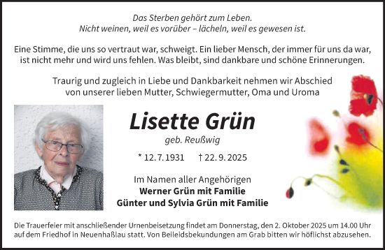 Traueranzeige von Lisette Grün von Gelnhäuser Neue Zeitung