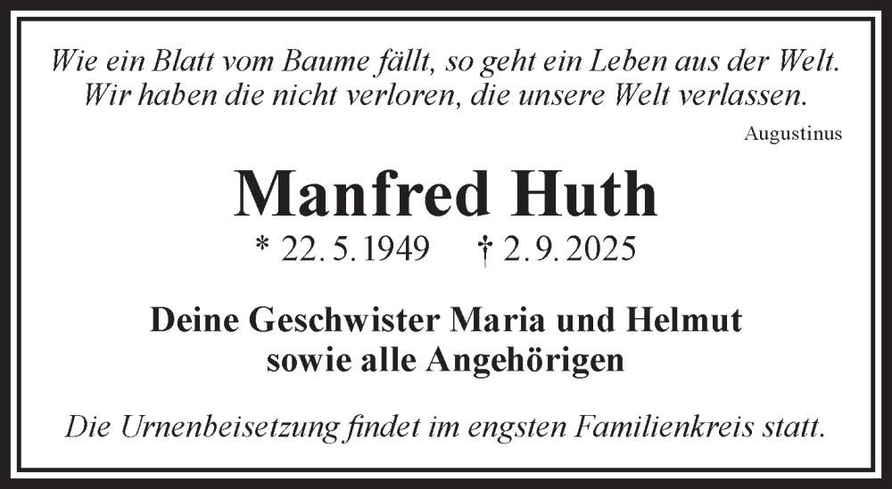  Traueranzeige für Manfred Huth vom 20.09.2025 aus Gelnhäuser Neue Zeitung
