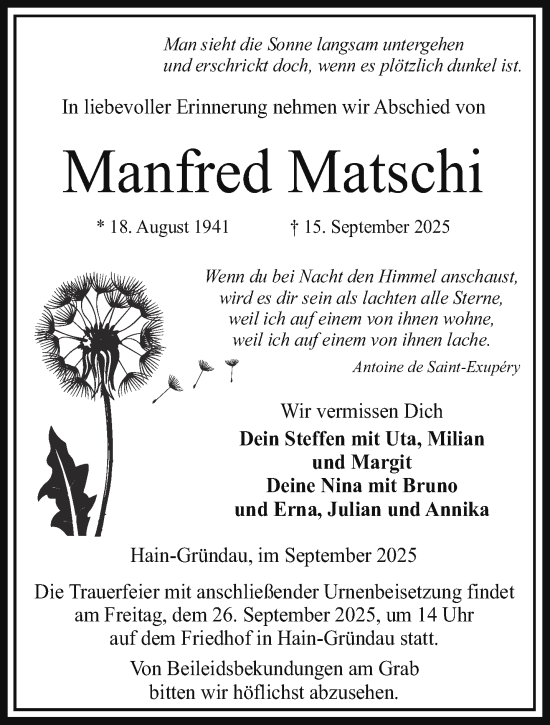 Traueranzeige von Manfred Matschi von Gelnhäuser Neue Zeitung