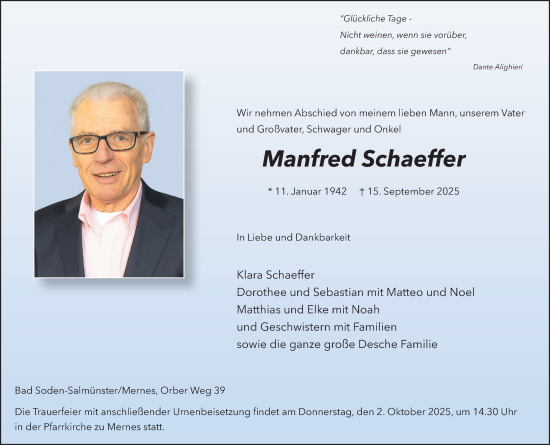 Traueranzeige von Manfred Schaeffer von Gelnhäuser Neue Zeitung