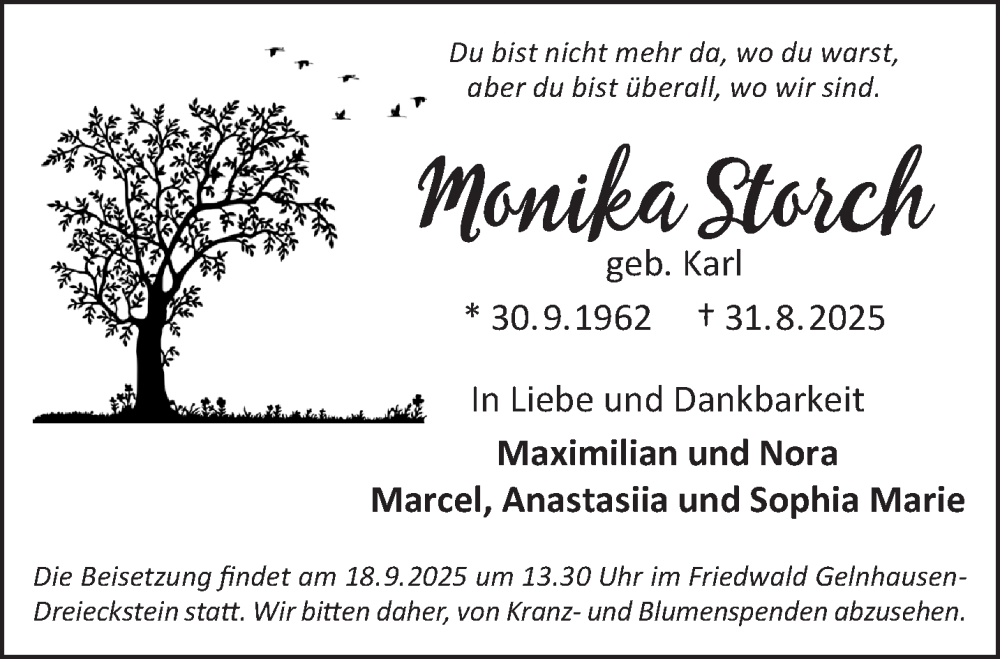  Traueranzeige für Monika Storch vom 13.09.2025 aus Gelnhäuser Neue Zeitung