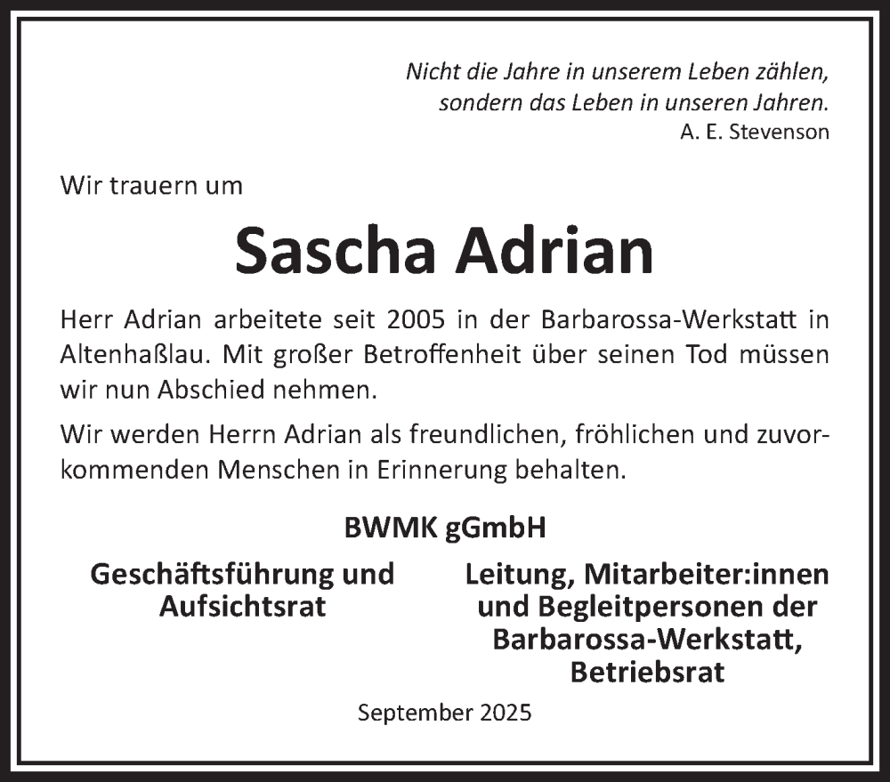  Traueranzeige für Sascha Adrian vom 27.09.2025 aus Mittelhessen-Bote