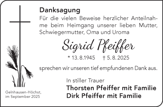 Traueranzeige von Sigrid Pfeiffer von Gelnhäuser Neue Zeitung