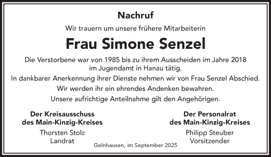 Traueranzeige von Simone Senzel von Gelnhäuser Neue Zeitung