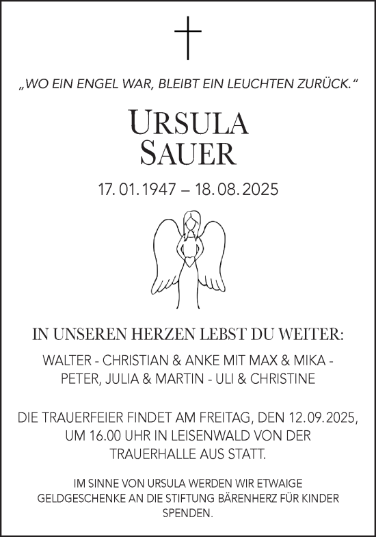 Traueranzeige von Ursula Sauer von Gelnhäuser Neue Zeitung
