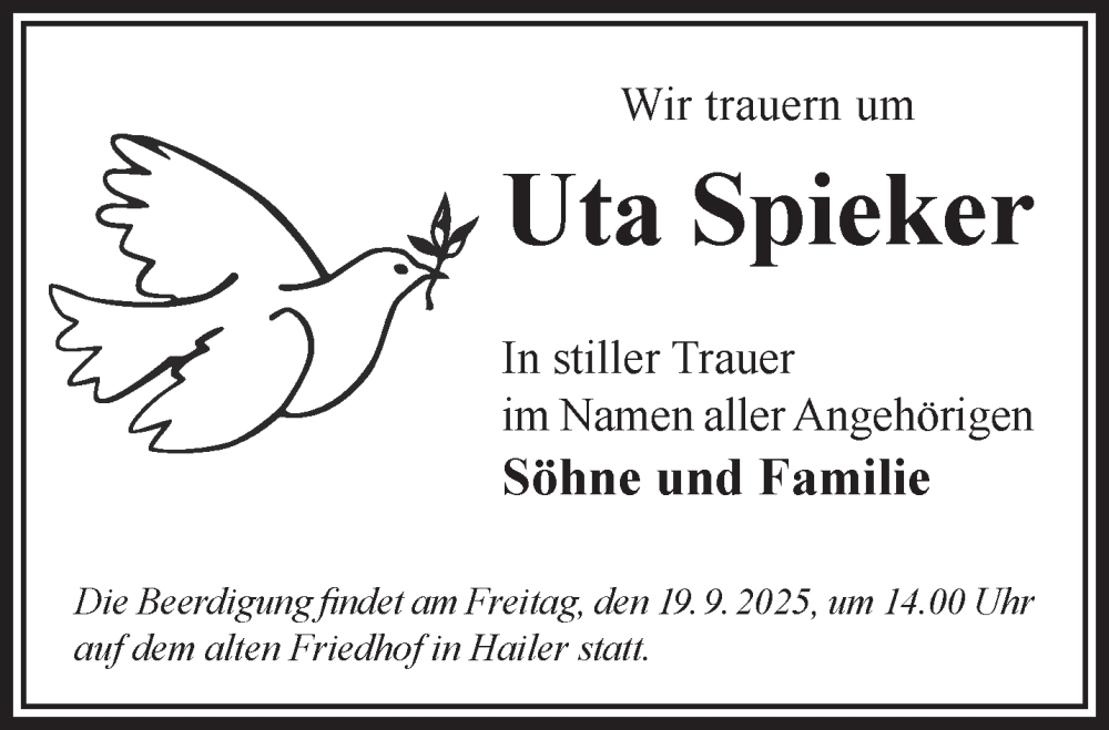  Traueranzeige für Uta Spieker vom 13.09.2025 aus Gelnhäuser Neue Zeitung