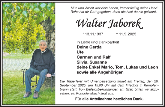 Traueranzeige von Walter Jaborek von Gelnhäuser Neue Zeitung