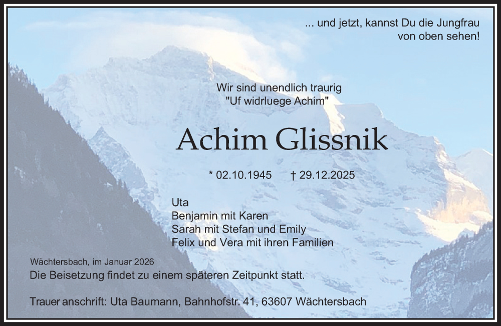  Traueranzeige für Achim Glissnik vom 10.01.2026 aus Gelnhäuser Neue Zeitung