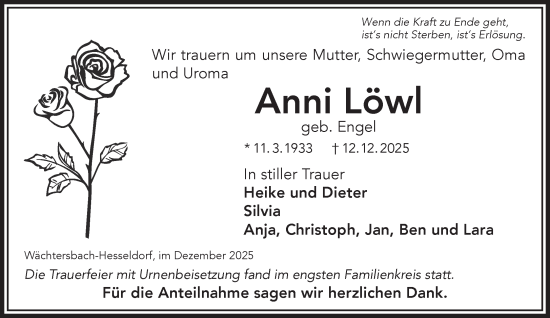 Traueranzeige von Anni Löwl von Gelnhäuser Neue Zeitung