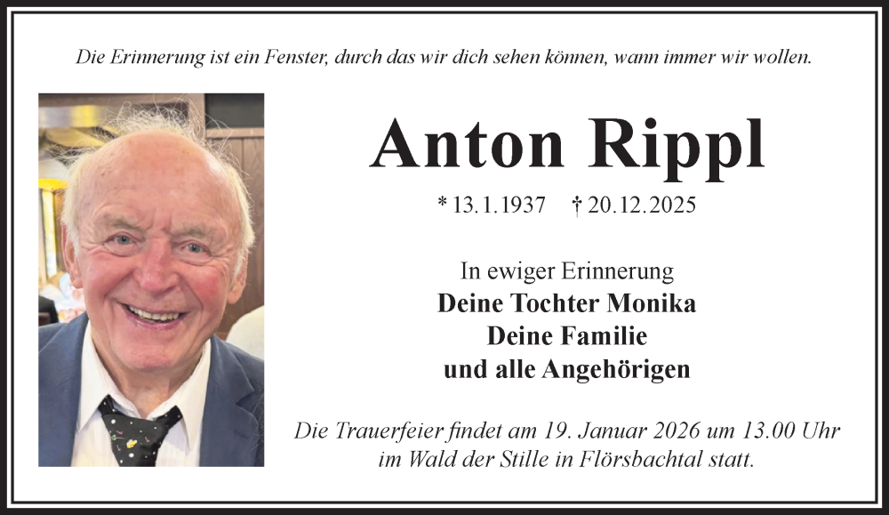  Traueranzeige für Anton Rippl vom 10.01.2026 aus Mittelhessen-Bote