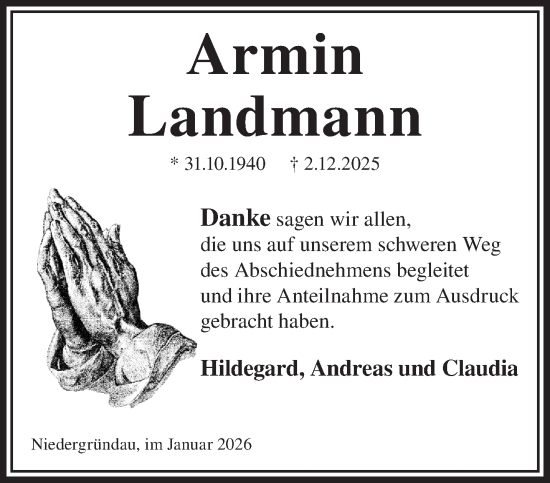 Traueranzeige von Armin Landmann von Gelnhäuser Neue Zeitung