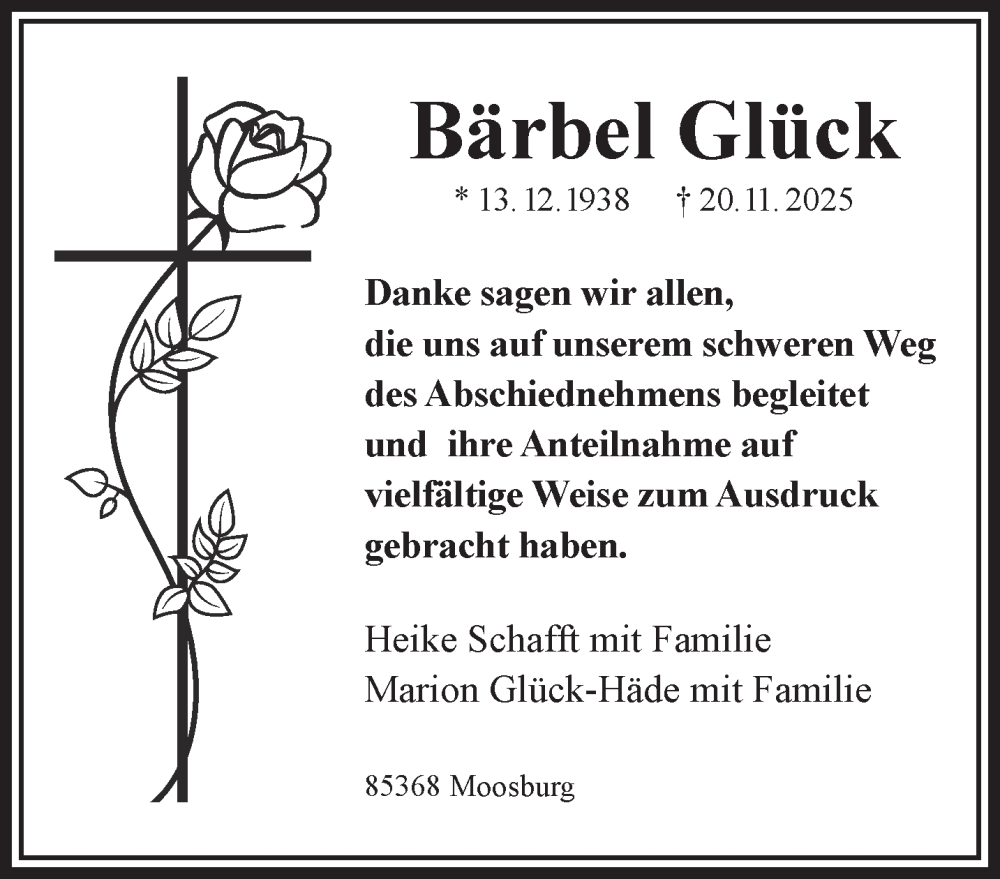  Traueranzeige für Bärbel Glück vom 10.01.2026 aus Mittelhessen-Bote