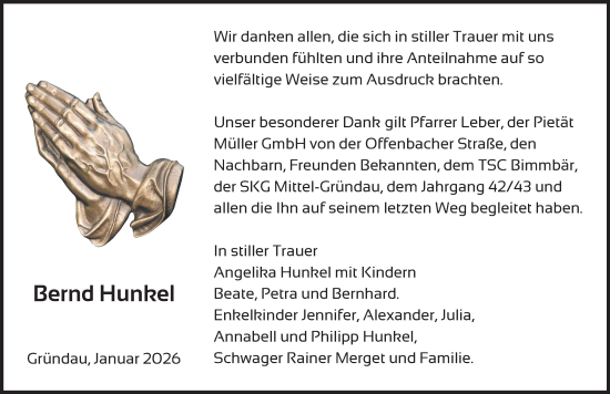 Traueranzeige von Bernd Hunkel von Gelnhäuser Neue Zeitung