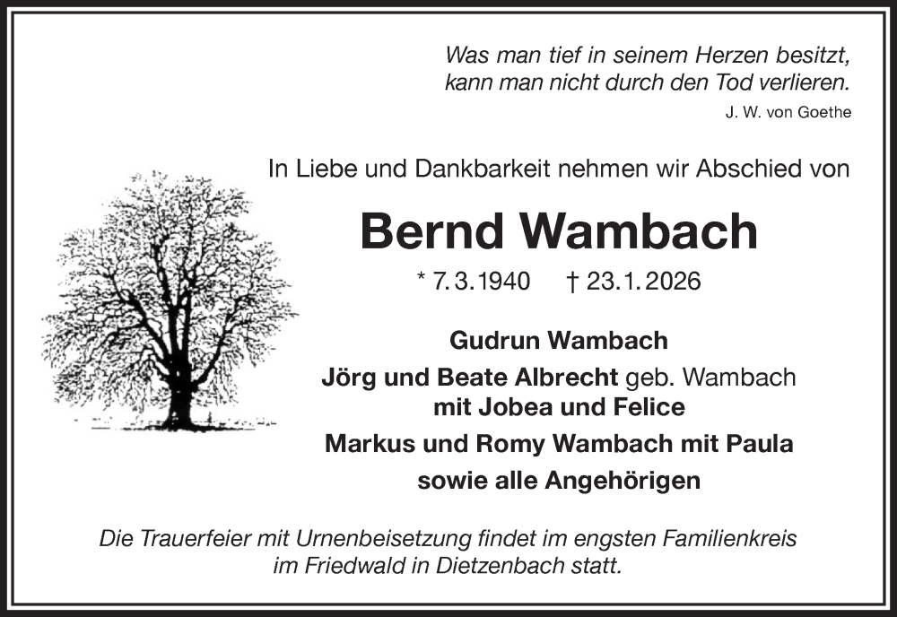  Traueranzeige für Bernd Wambach vom 31.01.2026 aus Mittelhessen-Bote