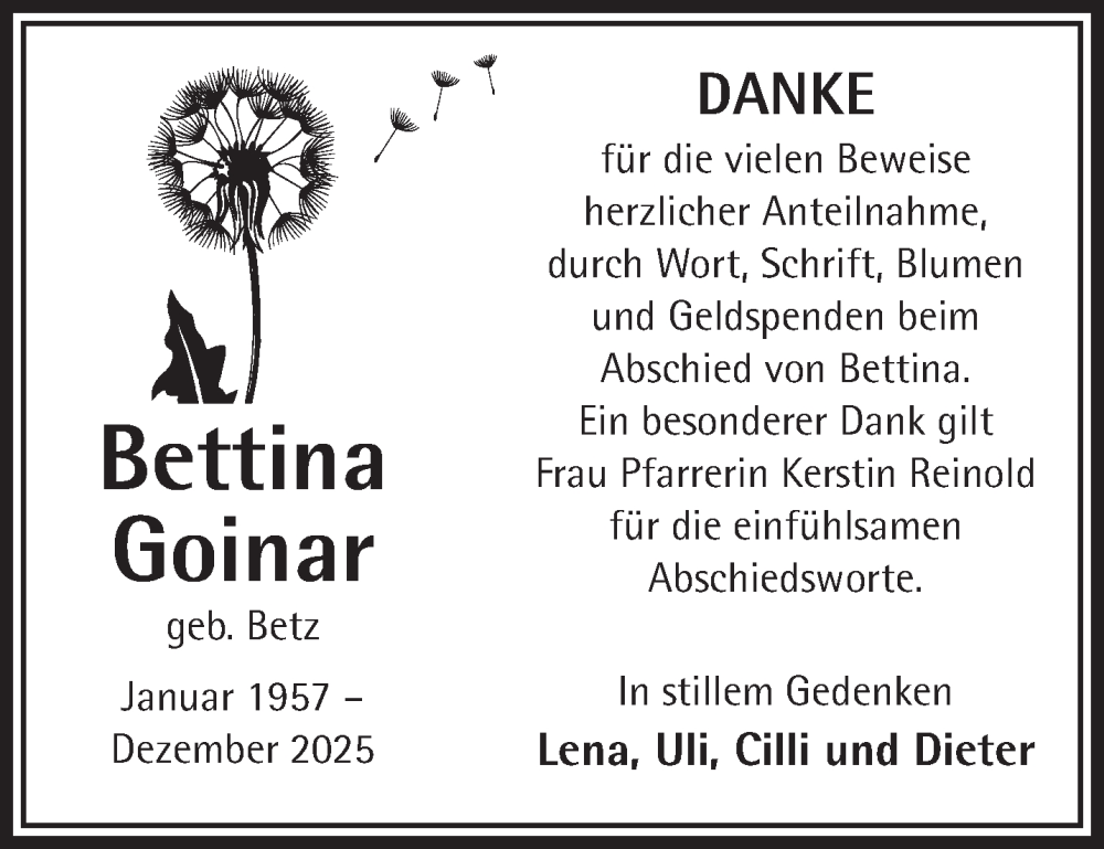  Traueranzeige für Bettina Goinar vom 10.01.2026 aus Mittelhessen-Bote