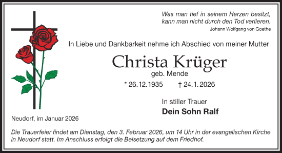 Traueranzeige von Christa Krüger von Gelnhäuser Neue Zeitung