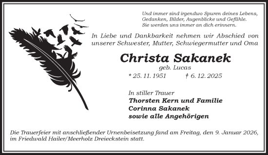 Traueranzeige von Christa Sakanek von Mittelhessen-Bote