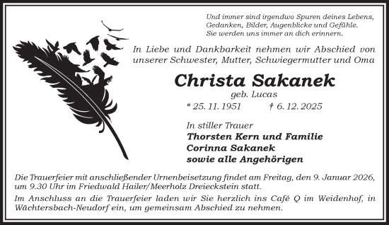 Traueranzeige von Christa Sakanek von Gelnhäuser Neue Zeitung