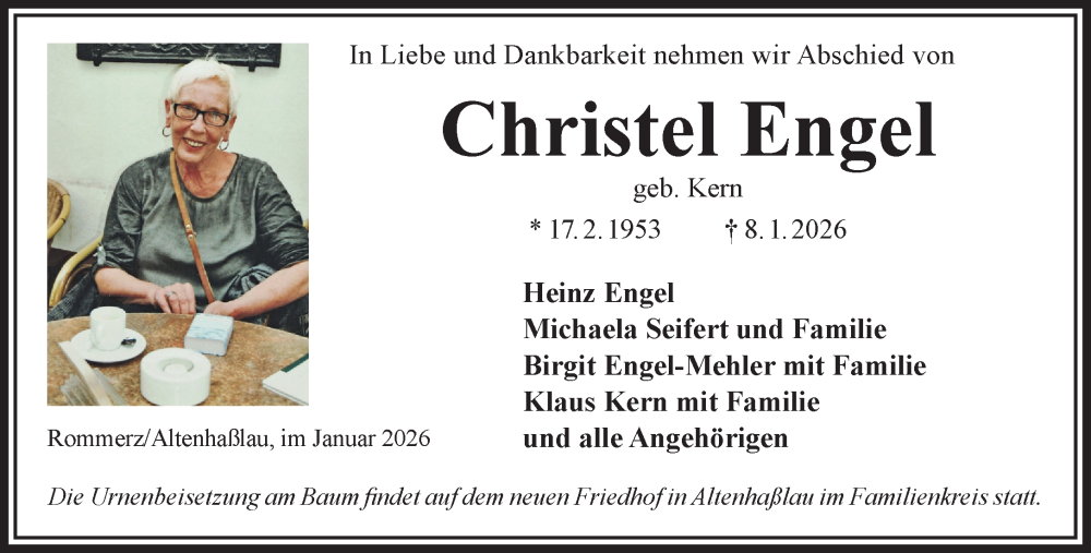  Traueranzeige für Christel Engel vom 17.01.2026 aus Gelnhäuser Neue Zeitung