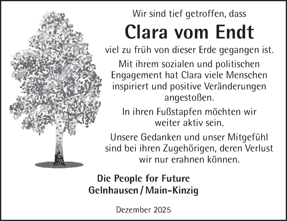  Traueranzeige für Clara vom Endt vom 03.01.2026 aus Gelnhäuser Neue Zeitung