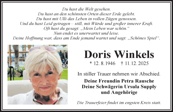 Traueranzeige von Doris Winkels von Gelnhäuser Neue Zeitung