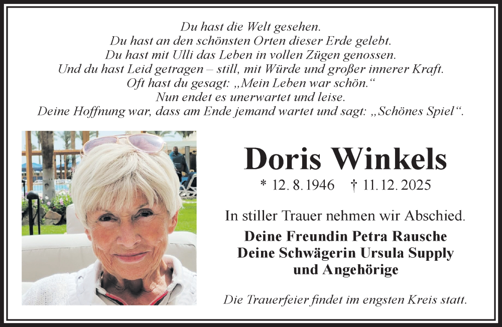  Traueranzeige für Doris Winkels vom 31.01.2026 aus Gelnhäuser Neue Zeitung