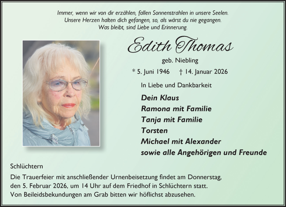  Traueranzeige für Edith Thomas vom 31.01.2026 aus Gelnhäuser Neue Zeitung