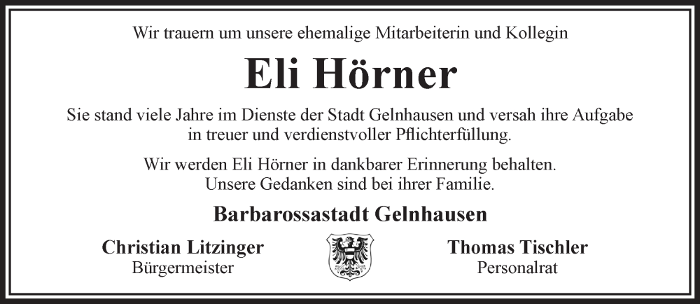  Traueranzeige für Eli Hörner vom 24.01.2026 aus Gelnhäuser Neue Zeitung
