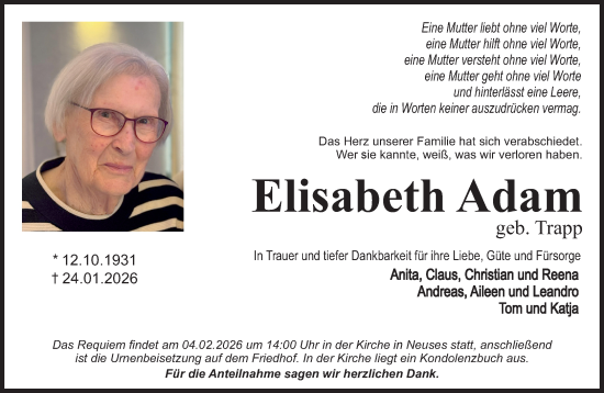 Traueranzeige von Elisabeth Adam von Gelnhäuser Neue Zeitung