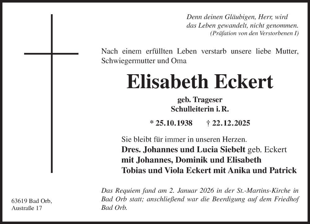 Traueranzeige für Elisabeth Eckert vom 10.01.2026 aus Mittelhessen-Bote