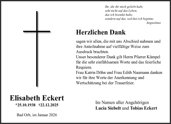 Traueranzeige von Elisabeth Eckert von Gelnhäuser Neue Zeitung