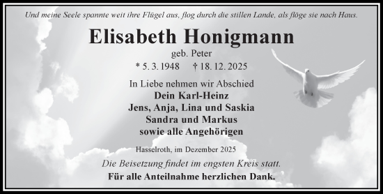 Traueranzeige von Elisabeth Honigmann von Gelnhäuser Neue Zeitung