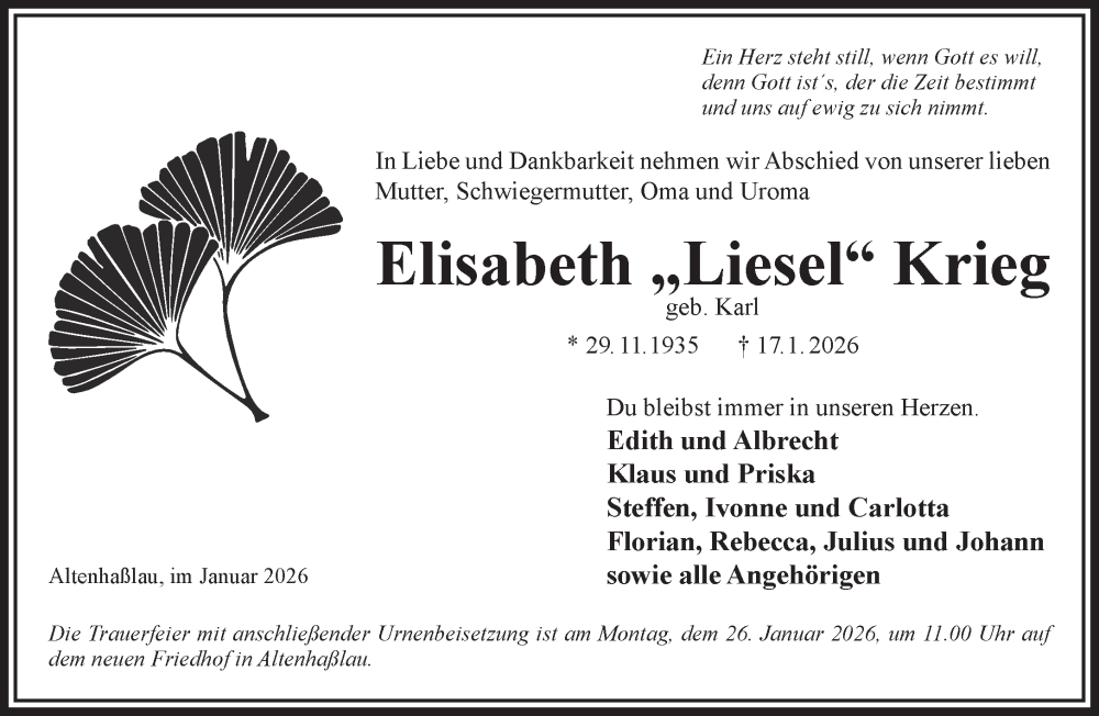  Traueranzeige für Elisabeth Krieg vom 24.01.2026 aus Mittelhessen-Bote