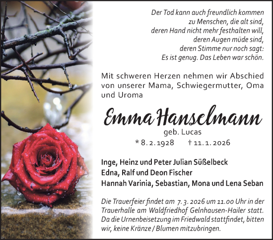 Traueranzeige von Emma Hanselmann von Gelnhäuser Neue Zeitung