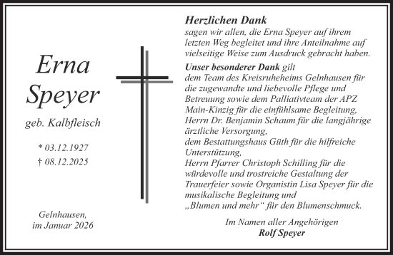 Traueranzeige von Erna Speyer von Gelnhäuser Neue Zeitung