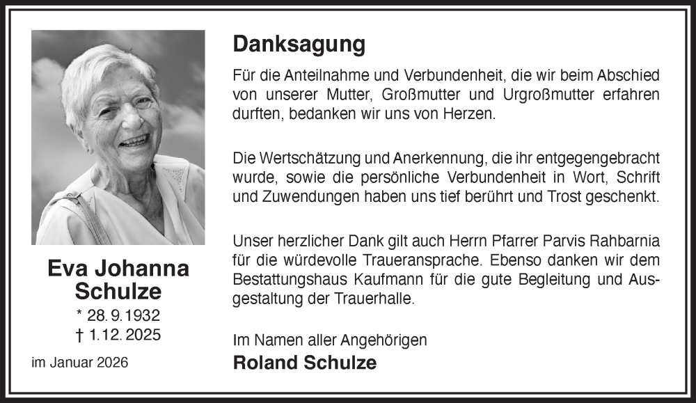  Traueranzeige für Eva Johanna Schulze vom 17.01.2026 aus Mittelhessen-Bote