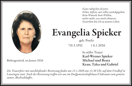Traueranzeige von Evangelia Spieker von Gelnhäuser Neue Zeitung