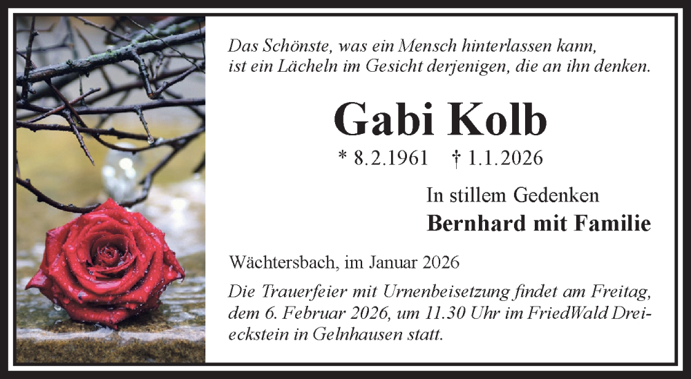  Traueranzeige für Gabi Kolb vom 10.01.2026 aus Gelnhäuser Neue Zeitung