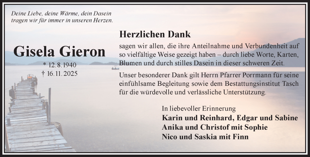  Traueranzeige für Gisela Gieron vom 17.01.2026 aus Gelnhäuser Neue Zeitung