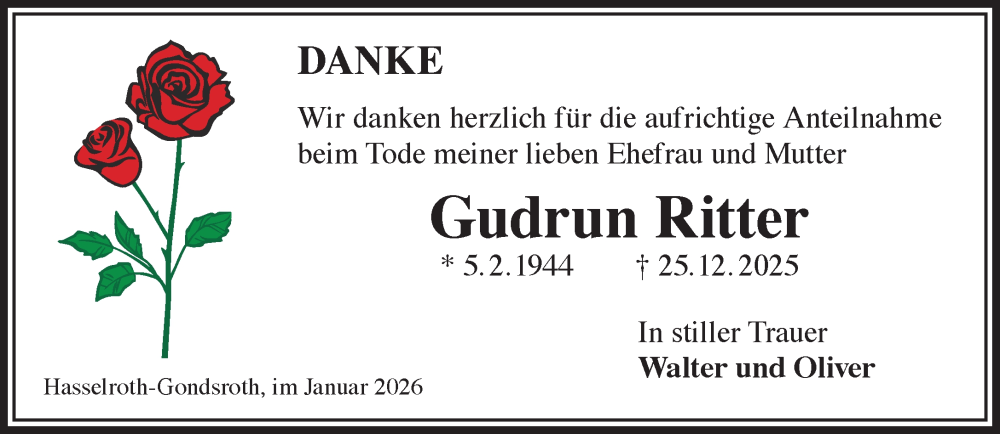  Traueranzeige für Gudrun Ritter vom 24.01.2026 aus Gelnhäuser Neue Zeitung