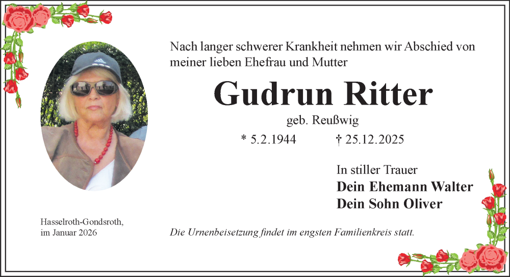  Traueranzeige für Gudrun Ritter vom 10.01.2026 aus Gelnhäuser Neue Zeitung
