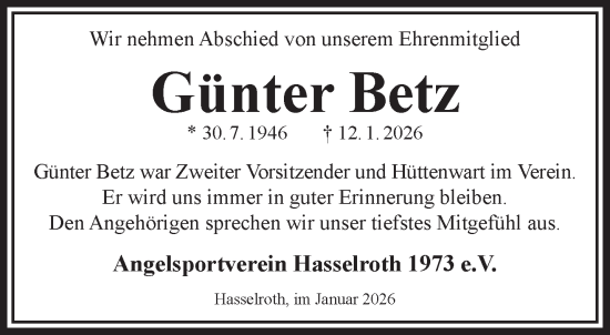 Traueranzeige von Günter Betz von Gelnhäuser Neue Zeitung