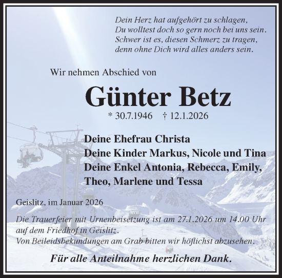 Traueranzeige von Günter Betz von Gelnhäuser Neue Zeitung