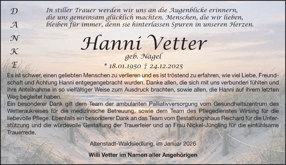  Traueranzeige für Hanni Vetter vom 31.01.2026 aus Mittelhessen-Bote
