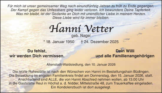 Traueranzeige von Hanni Vetter von Mittelhessen-Bote